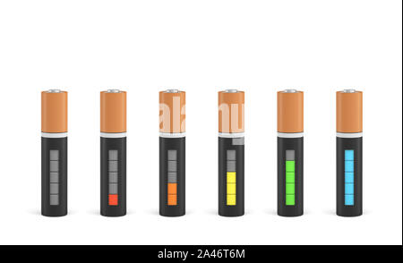 3D-Rendering von 6 AAA-Batterien mit Ladung Indikatoren in unterschiedlichen Stadien der Energie. Maximale Gebühr. Leere Akkus. Neue und alte Po Stockfoto