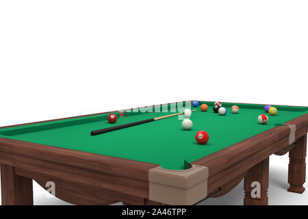 3D-Rendering eines isolierten Billardtisch im seitlichen Betrachtungswinkel mit einer Cue stick liegen auf der Oberfläche, die durch viele Nummern auf den Kugeln umgeben. Mitten im Spiel. Stockfoto