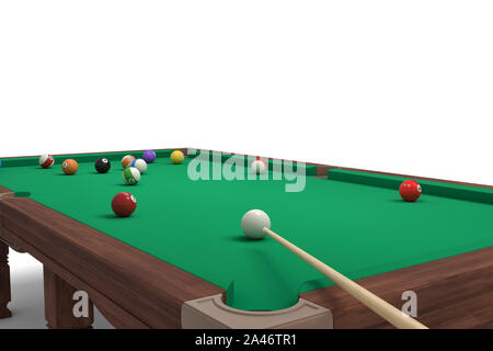 3D-Rendering von einem Billardtisch mit einer Cue Stick Ziel in die Ecke und das Schlagen einer weißen Kugel. Spiele und Erholung. Billard und Snooker. Freizeitaktivitäten equ Stockfoto