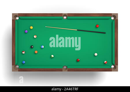 3D-Rendering eines isolierten Billardtisch in einer Ansicht von oben mit einer Cue Stick und viele bunte Kugeln liegen. Spiel Übersicht. Spiel Strategie. Pool e Stockfoto