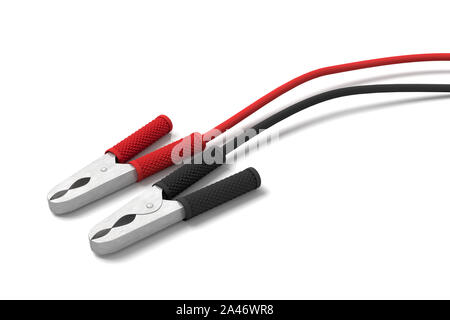 3D-Rendering von zwei roten und schwarzen Auto Batterie Schlauchklemmen mit einem Kabel verbunden. Auto Power source. Energieverbrauch. Laden Sie den Akku auf. Stockfoto