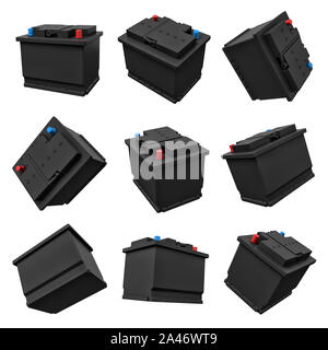 3D-Rendering für eine Reihe von neun Schwarze Auto Batterien in der Luft hängen in verschiedenen Winkeln. Akku. Die Notstromversorgung. Bereit für Auto Probleme. Stockfoto