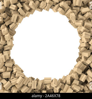 3D-Rendering von einem runden Rahmen aus hellem beige Karton mail boxes. Die Postdienste. Konfektionierung und Verpackung. Lagerung von verschiedenen Produkten. Compartme Stockfoto
