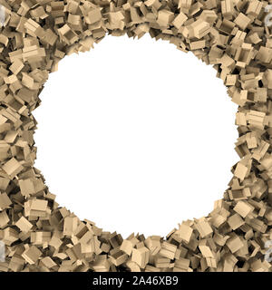 3D-Rendering von einem runden Rahmen aus hellem Beige leeren Karton Briefkästen an den Rändern liegen mit weißen leeren Raum in der Mitte. Die Postdienste. Stockfoto