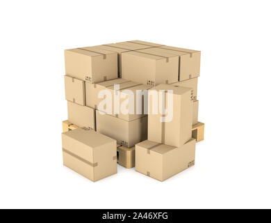 3D-Rendering von mehreren Kartons gleichmäßig auf einem doppelten geschmückte Palette auf weißem Hintergrund gestapelt. Verpackung und Lieferung. Cargo Services. Laden goo Stockfoto