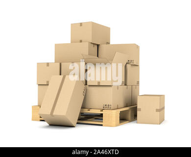 3D-Rendering von mehreren Kartons gleichmäßig auf einem doppelten geschmückte Palette auf weißem Hintergrund gestapelt. Verpackung und Lieferung. Cargo Services. Laden goo Stockfoto