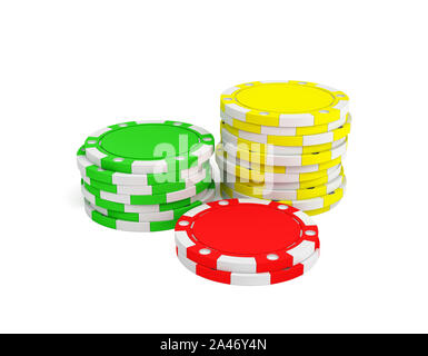 3D-Rendering von drei Stapel Spielmarken in Grün, Gelb und Rot auf weißem Hintergrund. Poker spiel. Casino Jetons. Wetten Chips. Stockfoto