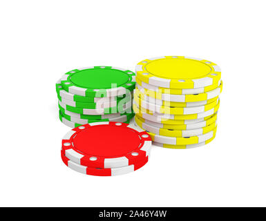 3D-Rendering von drei Stapel Spielmarken in Grün, Gelb und Rot auf weißem Hintergrund. Poker spiel. Casino Jetons. Wetten Chips. Stockfoto