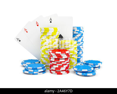 3D-Rendering von bunten Casino Chips mit vier verschiedenen ace-Karten auf einem weißen Hintergrund. Casino und spielen. Geld wetten. Einfach gewinnen und Stockfoto