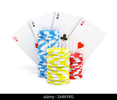 3D-Rendering von bunten Casino Chips mit vier verschiedenen ace-Karten auf einem weißen Hintergrund. Casino und spielen. Geld wetten. Einfach gewinnen und Stockfoto