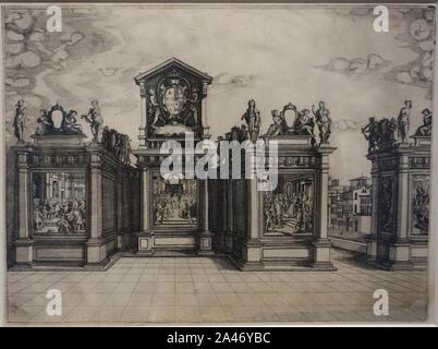 Festivals für die Hochzeit von Großherzog Ferdinand I. von Toskana und Christina von Lothringen - 1. Eintrag, Porta del Prato, von Orazio Scarabelli, 1589, Radierung - Stockfoto