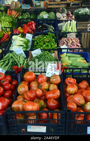 Frisches Gemüse Stall in der überdachten Marktplatz in La Spezia, Italien, EU. Zucchini, Auberginen Stockfoto