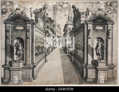 Festivals für die Hochzeit von Großherzog Ferdinand I. von Toskana und Christina von Lothringen - 5 Bogen, Canto di Bischeri, Orazio Scarabelli, 1589, Radierung - Stockfoto