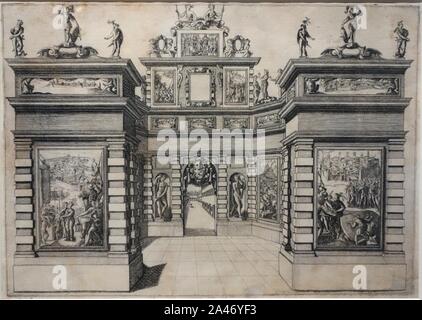 Festivals für die Hochzeit von Großherzog Ferdinand I. von Toskana und Christina von Lothringen - 7.Arch, Fassade des Palazzo Vecchio, von Orazio Scarabelli, 1589, Radierung - Stockfoto