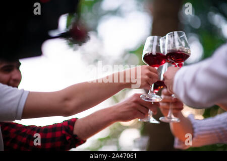 Gruppe der glücklichen Freunde toasten Rotwein Glas, während mit Picknick französischen Dinner Party im Freien im Sommer Urlaub in der Nähe des Flusses an beaut Stockfoto