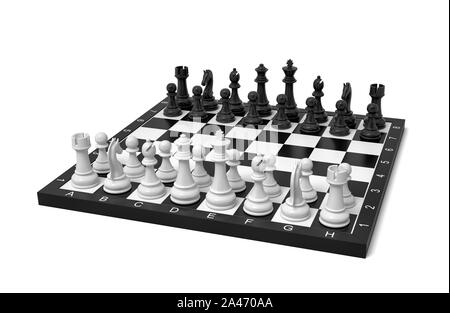 3D-Rendering von einem Schachbrett mit Figuren in der Grundstellung. Brettspiele. Die Wirtschaft und das Leben. Logik und smarts. Stockfoto