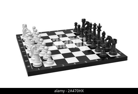 3D-Rendering von einem Schachbrett mit Figuren in der Grundstellung. Brettspiele. Die Wirtschaft und das Leben. Logik und smarts. Stockfoto