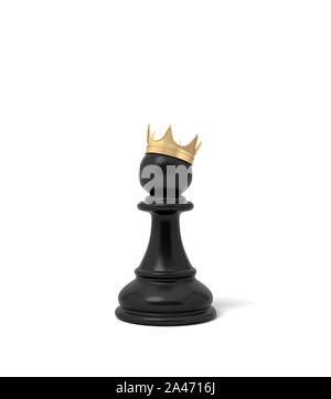 3D-Rendering eines schwarzen Schach schachfigur Stück mit einer goldenen Krone auf. Karriereleiter. Spiele und Strategie. Persönliches Wachstum. Stockfoto