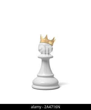 3D-Rendering von einer weißen Schach schachfigur Stück mit einer goldenen Krone auf. Karriereleiter. Spiele und Strategie. Persönliches Wachstum. Stockfoto