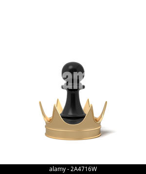 3D-Rendering eines schwarzen Schach Schachfigur in einem riesigen goldenen Krone auf einem weißen Hintergrund. Berufswünsche. Perspektiven für die Zukunft. Entwicklung und g Stockfoto