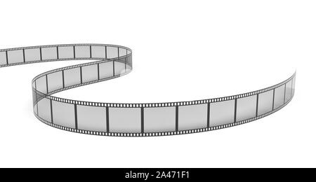 3D-Rendering eines einzelnen Filmstreifen in Kurven und Biegungen auf weißem Hintergrund angeordnet. Medien und Kunst Kino und Filme. Retro Technologien. Stockfoto