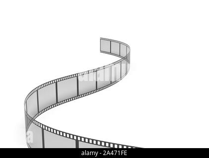 3D-Rendering eines einzelnen Filmstreifen in Kurven und Biegungen auf weißem Hintergrund angeordnet. Medien und Kunst Kino und Filme. Retro Technologien. Stockfoto