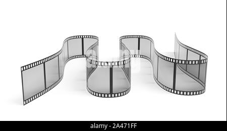 3D-Rendering eines einzelnen Filmstreifen in Kurven und Biegungen auf weißem Hintergrund angeordnet. Medien und Kunst Kino und Filme. Retro Technologien. Stockfoto