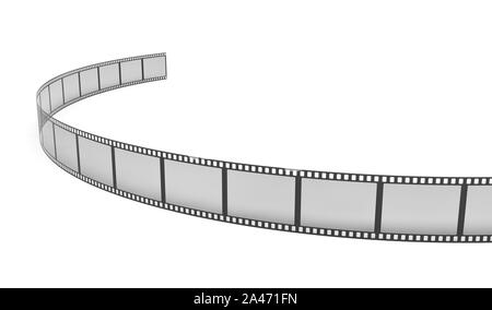 3D-Rendering eines einzelnen Filmstreifen in Kurven und Biegungen auf weißem Hintergrund angeordnet. Medien und Kunst Kino und Filme. Retro Technologien. Stockfoto