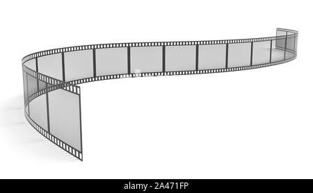 3D-Rendering eines einzelnen Filmstreifen in Kurven und Biegungen auf weißem Hintergrund angeordnet. Medien und Kunst Kino und Filme. Retro Technologien. Stockfoto