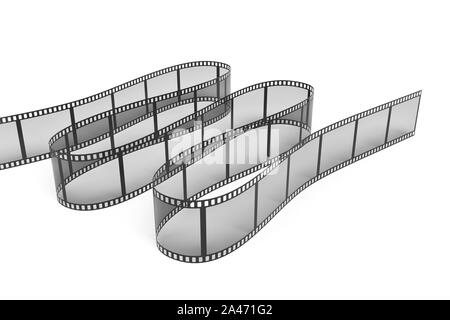 3D-Rendering eines einzelnen Filmstreifen in Kurven und Biegungen auf weißem Hintergrund angeordnet. Medien und Kunst Kino und Filme. Retro Technologien. Stockfoto