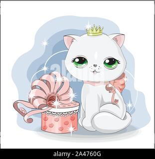 Prinzessin weisse Katze in der Krone, Kätzchen mit Geschenkbox, mit Schleifchen verziert. Das Bild in der Hand Zeichnung Stil, für t-shirt Druck, Verschleiß Fashion design, gree Stock Vektor