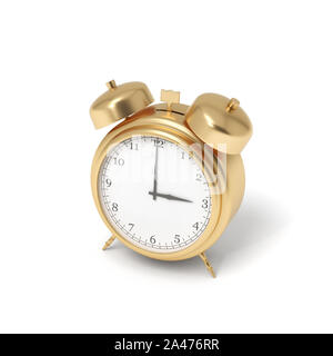 3D-Rendering von einem goldenen retro Wecker mit Glocken auf einem weißen Hintergrund. Business Plan. Kostbare Zeit. Sparen sie ihre Zeit. Stockfoto