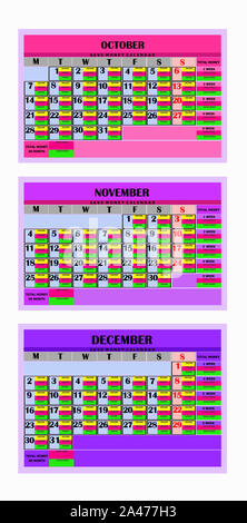 Design Kalender Monate Oktober, November und Dezember 2019. Sparen Sie Geld Kalender 2019. Kalender für Organisation, Unternehmen, Familie. Woche beginnt am Montag. Stockfoto