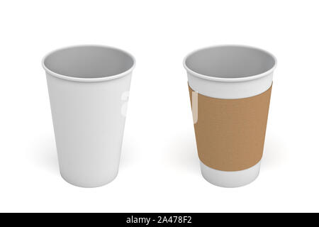 3D-Rendering von zwei geöffnete weiße Kaffeetassen, eines mit einem Karton Hülse auf und eine Leere. Kaffee am Morgen. Takeout Getränke. Kaffee und Lieferung. Stockfoto