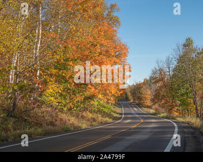 Bunte Blätter Gelb und Orange Line eine 2-spurige Straße windet sich durch die nördlichen Wälder auf einem sonnigen Herbst Tag in den Vereinigten Staaten. Stockfoto