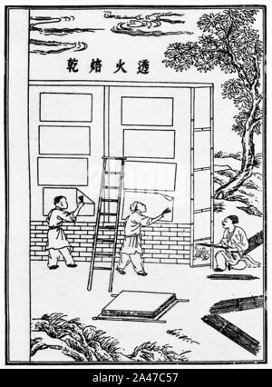 Fünf Schritte der Papierherstellung - Schritt 5 - trocknen die Blätter an der Wand - wie von Cai Lun im 105 CE beschrieben. Stockfoto