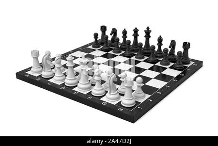 3D-Rendering von einem Schachbrett mit Figuren in der Grundstellung. Brettspiele. Die Wirtschaft und das Leben. Logik und smarts. Stockfoto
