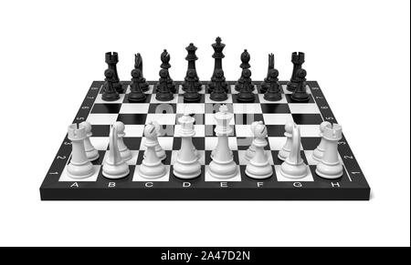 3D-Rendering von einem Schachbrett mit Figuren in der Grundstellung. Brettspiele. Die Wirtschaft und das Leben. Logik und smarts. Stockfoto
