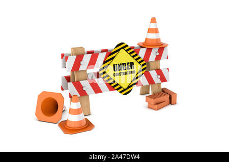3D-Rendering von einer hölzernen Barriere mit dem im Bau befindlichen Zeichen und einige Leitkegel und Steine herum liegen. Verkehrszeichen. Fangvorrichtung und Rüsten Stockfoto