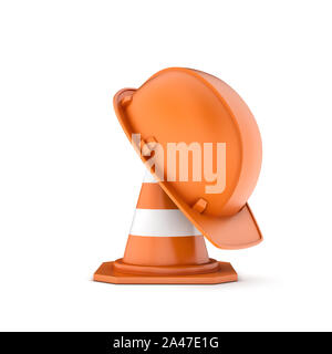 3D-Rendering für eine gestreifte orange-weißen Leitkegel und eine orange Helm auf, alle auf den weißen Hintergrund isoliert. Verkehrszeichen. Bau sitzen Stockfoto