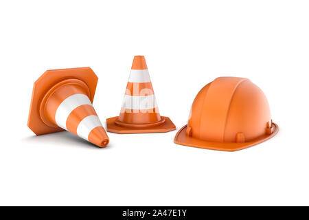 3D-Rendering von zwei gestreift Orange-weiße Straße Kegel und eine orange Helm, alle auf weißem Hintergrund. 3D-Modellierung. Verkehrszeichen. Sicherheit Stockfoto