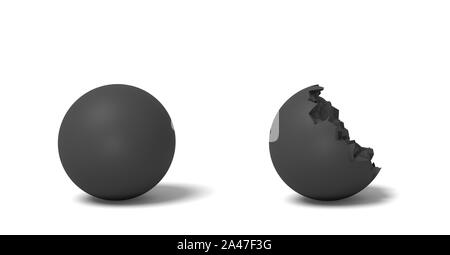 3D-Rendering von zwei isolierte schwarze Kugeln in der Nähe von einander stehen, eine ganze und eine halbe - gebrochen. Perfect Circle zerstört. Gebrochene Form. St Stockfoto