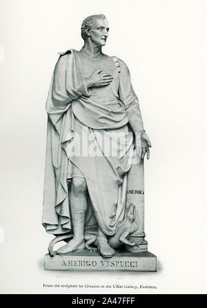 Dieses Bild dating bis 1912 zeigt Amerigo Vespucci, eine Skulptur von ihm von Grazzini, das in den Uffizien in Florenz untergebracht ist. Vespucci (1454-1512) war ein italienischer Explorer, Finanzier, Navigator und Kartographen, die in der Republik Florenz geboren wurde. Er ist am besten für seinen Namensvetter bekannt: die Kontinente von Nord- und Südamerika Stockfoto