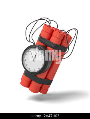 3D-Rendering aus einem Bündel von Dynamite Sticks mit einer Uhr an der Seite von es auf einem weißen Hintergrund. Gefährliche Arbeit. Explosive liefert. Zerstören Stockfoto