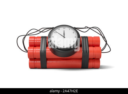 3D-Rendering aus einem Bündel von Dynamite Sticks mit einer Uhr an der Seite von es auf einem weißen Hintergrund. Gefährliche Arbeit. Explosive liefert. Zerstören Stockfoto