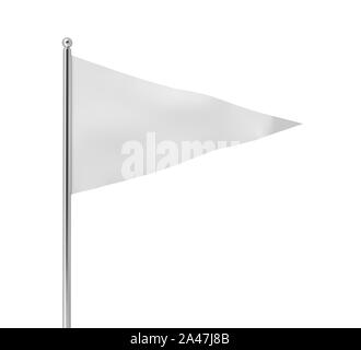 3D-Rendering für eine einzelne weiße dreieckige Flagge aufhängen an einen Post auf einem weißen Hintergrund. Fahnen und Beiträge. Wimpel. Symbol und Anzeige. Stockfoto