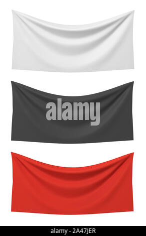 3D-Rendering von drei horizontal Flags von weißen, schwarzen und roten Farben hängen auf einem weißen Hintergrund. Politische und soziale Fahnen. Symbole der Sozialen g Stockfoto