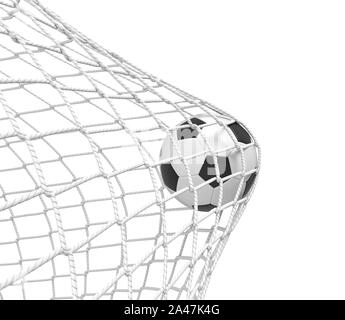 3D-Rendering eines Fußball-Ball das Netz im Tor auf weißem Hintergrund. Scoring Ziel. Gewinnen Spiel. Fußball Match. Stockfoto