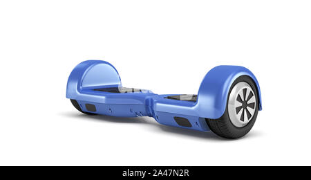 3D-Rendering von einer einzigen blauen Hoverboard in der Vorderansicht auf weißem Hintergrund. Urban Transport. Persönlicher Transport. Freizeitgeräte. Stockfoto