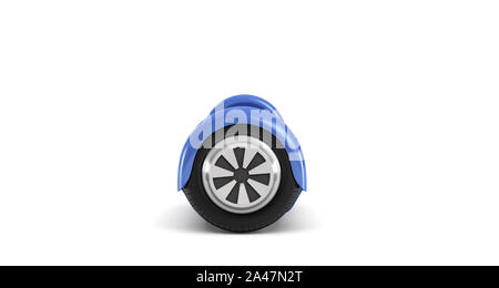 3D-Rendering von einer einzigen blauen Hoverboard in der Vorderansicht auf weißem Hintergrund. Urban Transport. Persönlicher Transport. Freizeitgeräte. Stockfoto